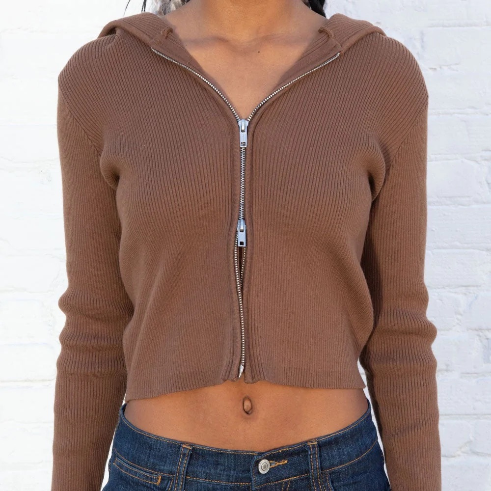 Brandy Melville brown ribbed knit Arden cropped hoodie double zipper